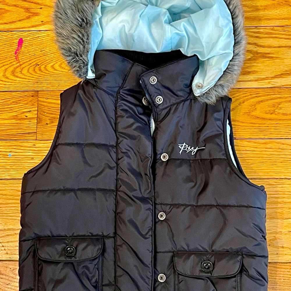 Roxy quilted vest with removable faux fur hood